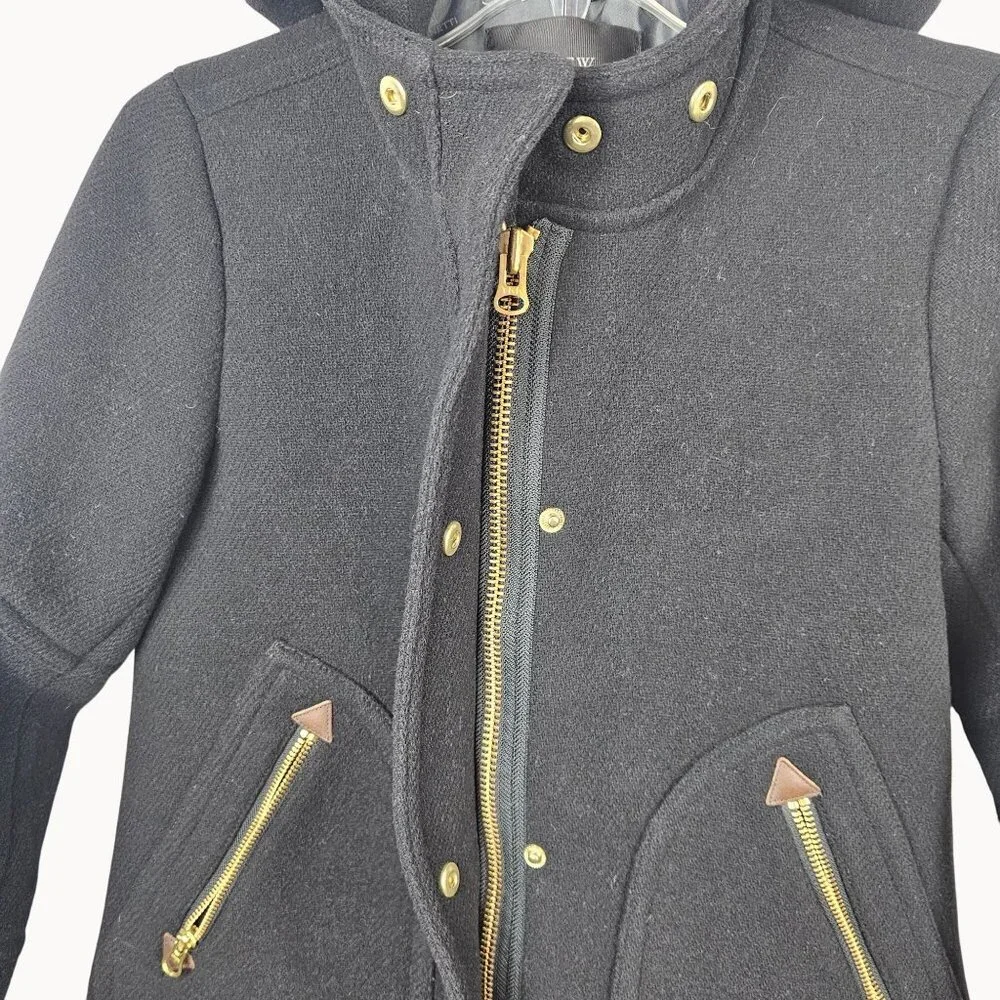 J.Crew Womens 2 Italian Wool Hooded Tailored Coat Black Lined Gold Accents Warm - Picture 14 of 15